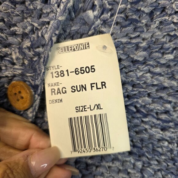 Floral Hand Knit Rag Cardigan L XL Denim Blue Bellepointe Vintage Deadstock - Picture 6 of 10